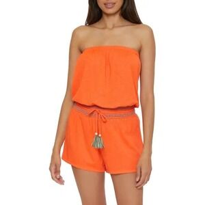 SOLUNA SWIM Orange Strapless Tassel Drawstring Romper Beach Cover Up‎ Women's S